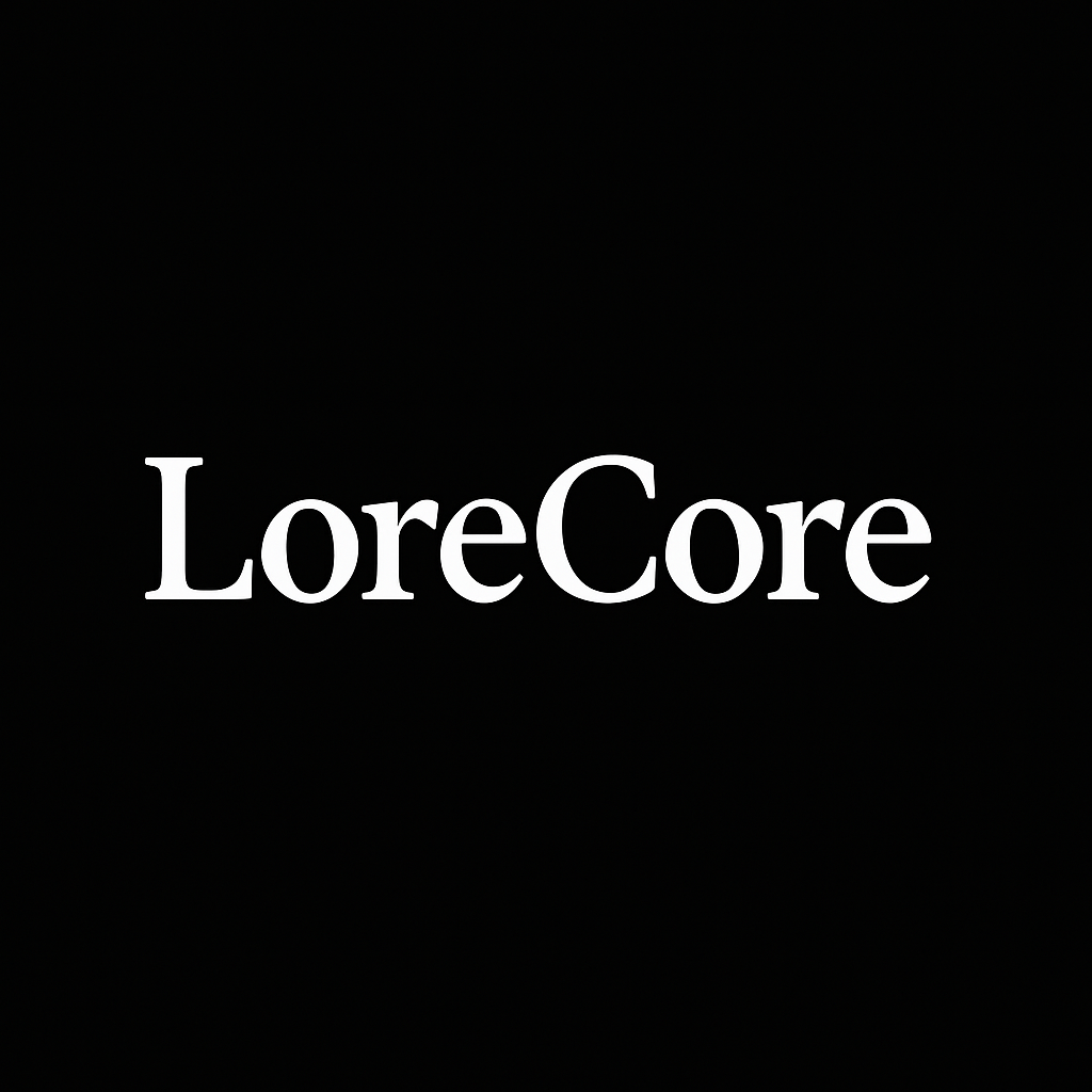 LoreCore logo with white text on a black background, simple and modern design.